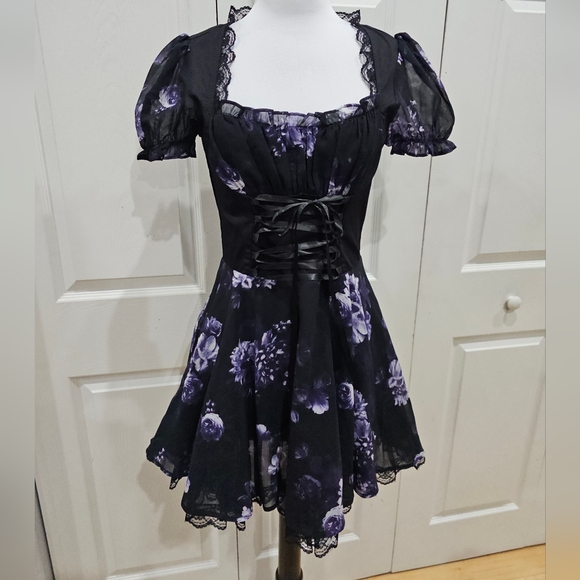 Dolls Kill Goth Widow Spiritual Sacrilege Black Purple Flower Floral Mini Dress - Picture 1 of 10